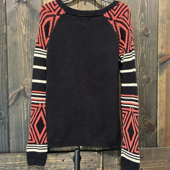 Volcom Machu Peaches Sweater S Geometric Black Orange Striped Festival Cozy Warm - Picture 6 of 12